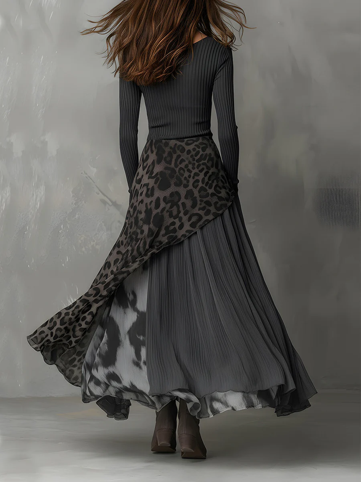 Melissa™ elegant maxi dress, back view: long sleeves, leopard-print layered asymmetric skirt