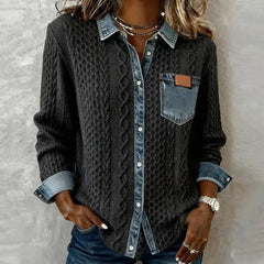 Dark gray patchwork knit button-up with denim collar and front chest pocket