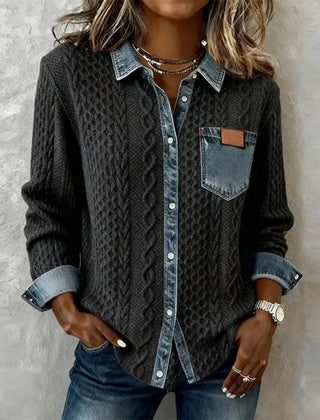 Dark gray patchwork knit button-up with denim collar and front chest pocket