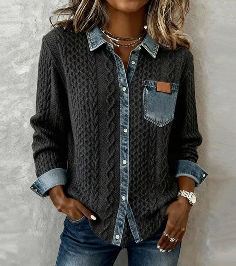 Dark gray patchwork knit button-up with denim collar and front chest pocket
