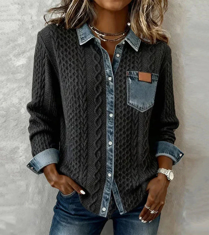 Dark charcoal patchwork knit top with denim-look button front, chest pocket