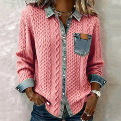 Pink patchwork knit button-up with denim collar, cuffs, and chest pocket