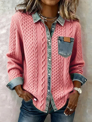 Pink patchwork knit button-up with denim collar, cuffs, and chest pocket