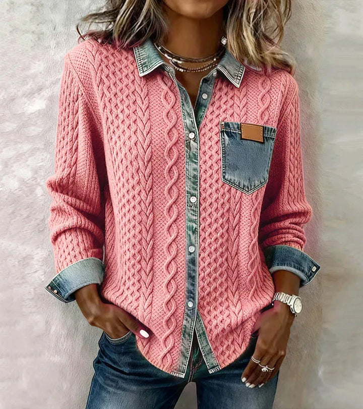 Pink patchwork knit button-up with denim collar, cuffs, and chest pocket