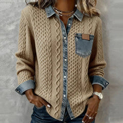 Camel patchwork knit button-up with denim collar, cuffs, and chest pocket