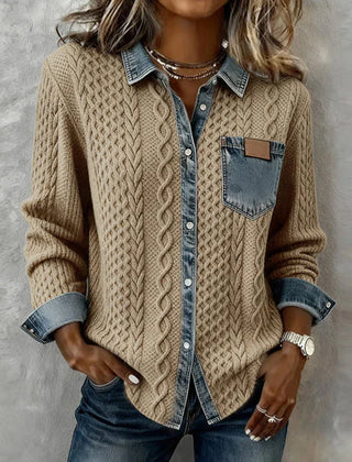 Camel patchwork knit button-up with denim collar, cuffs, and chest pocket
