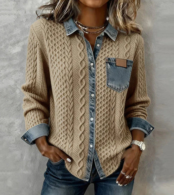 Patchwork knit top in camel with denim collar, front buttons, and chest patch pocket