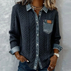 Navy patchwork knit button-up shirt with denim collar and chest pocket
