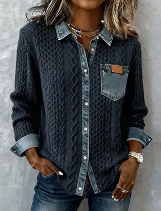 Navy patchwork knit button-up shirt with denim collar and chest pocket