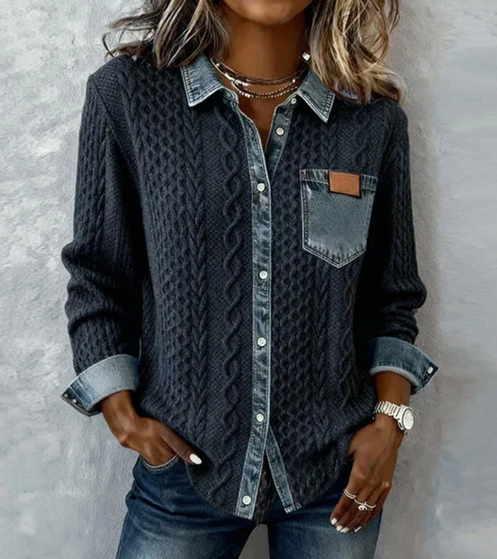 Navy patchwork knit button-up shirt with denim collar and chest pocket
