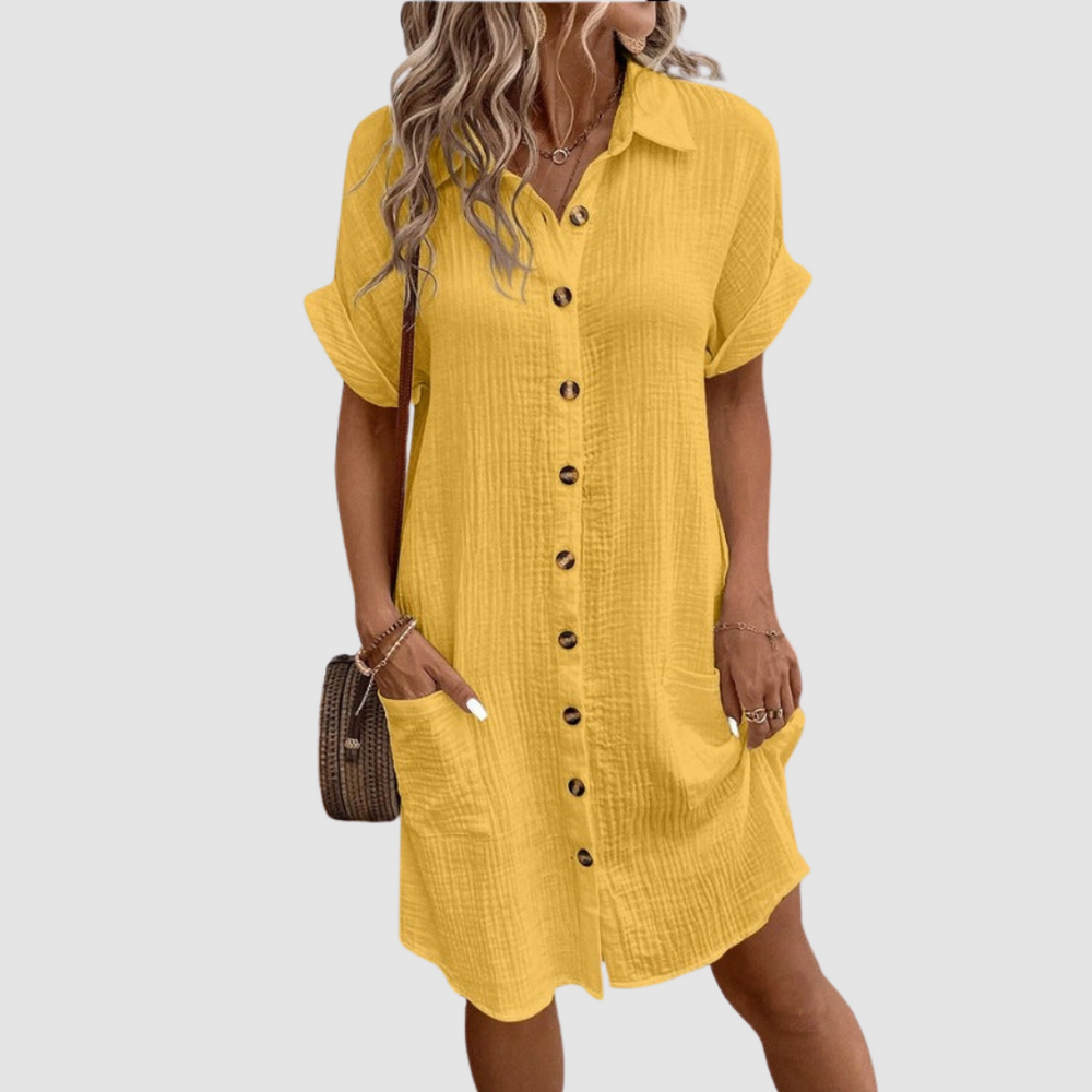 Yellow relaxed-fit shirt dress with short sleeves, point collar, and button-front placket.