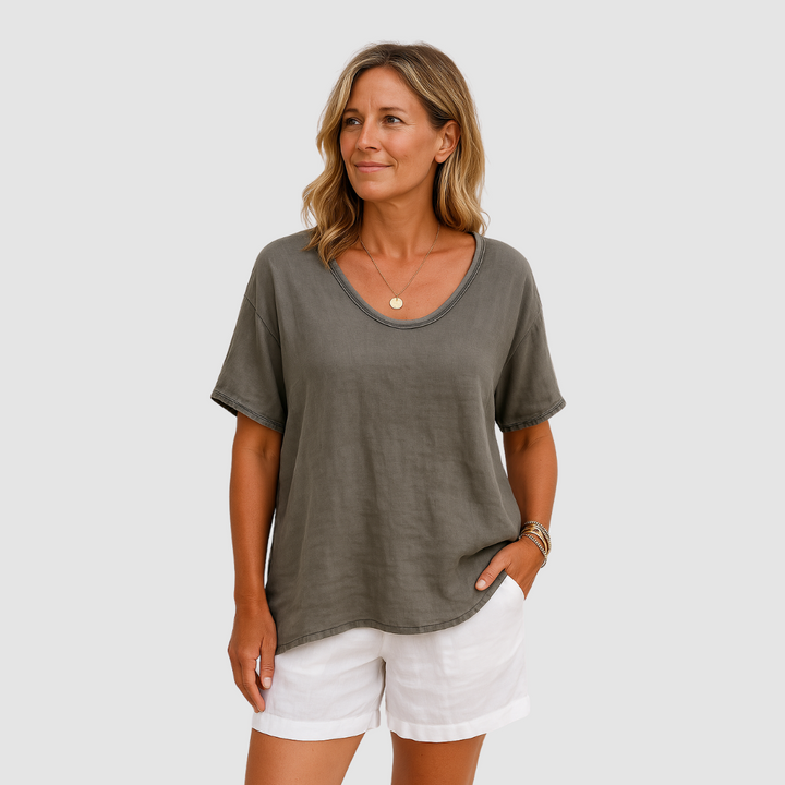 Dark gray loose-fit T-shirt with V-neck and short sleeves, draped hem