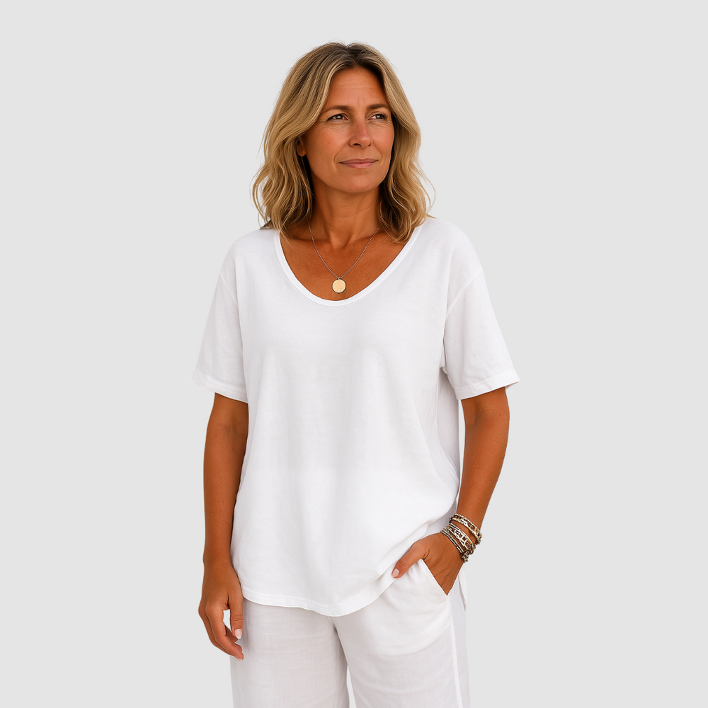White loose-fit T-shirt with V-neck and short sleeves, relaxed drape