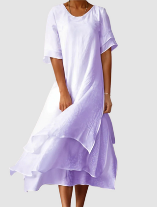 Lavender purple loose midi dress with short sleeves and layered ruffle hem