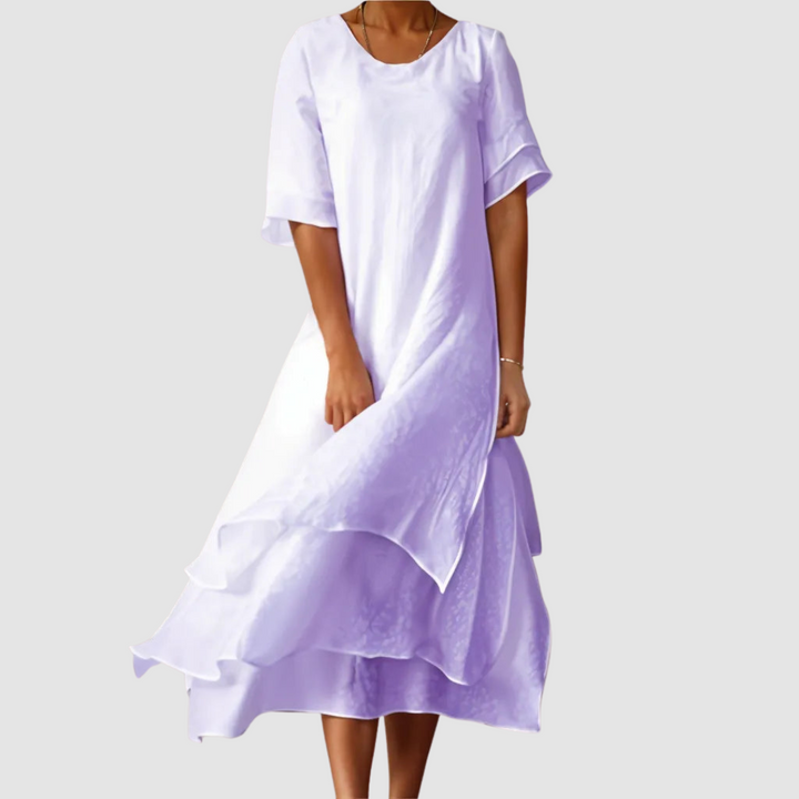 Lavender purple loose midi dress with short sleeves and layered ruffle hem