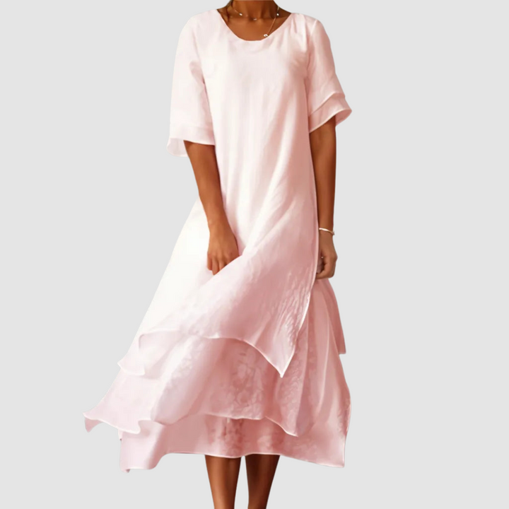 Pink loose midi dress with short sleeves and layered ruffle hem