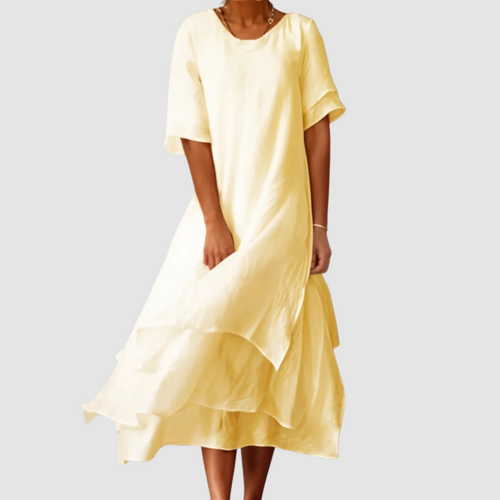 Yellow loose midi dress with short sleeves and layered ruffle hem