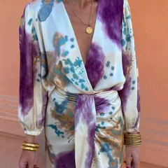 Watercolor print wrap-style maxi dress with V-neck, tie waist, long puff sleeves.