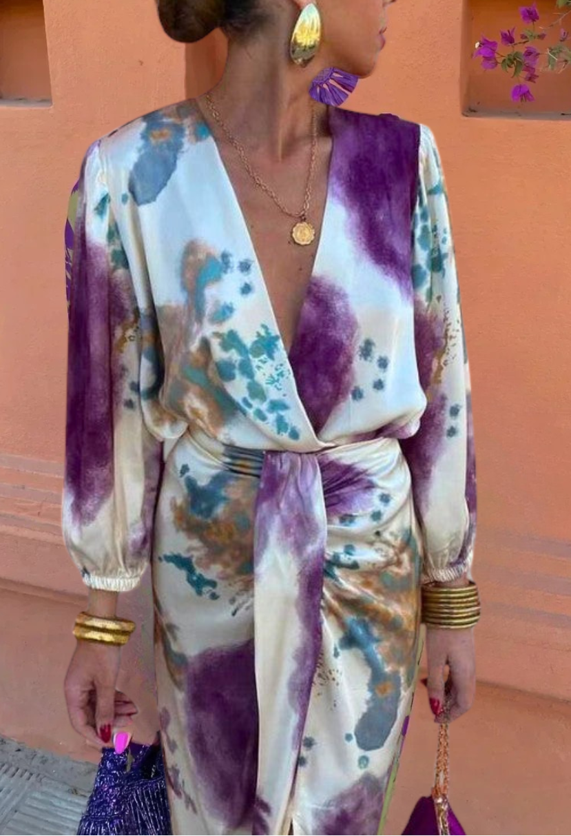 Watercolor print wrap-style maxi dress with V-neck, tie waist, long puff sleeves.
