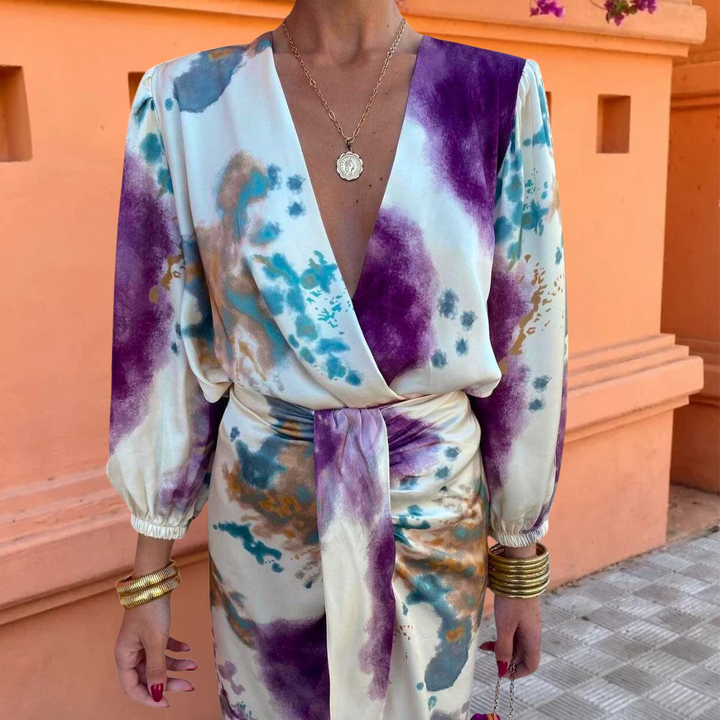 Watercolor print maxi dress with deep V-neck, long balloon sleeves, tie belt waist.