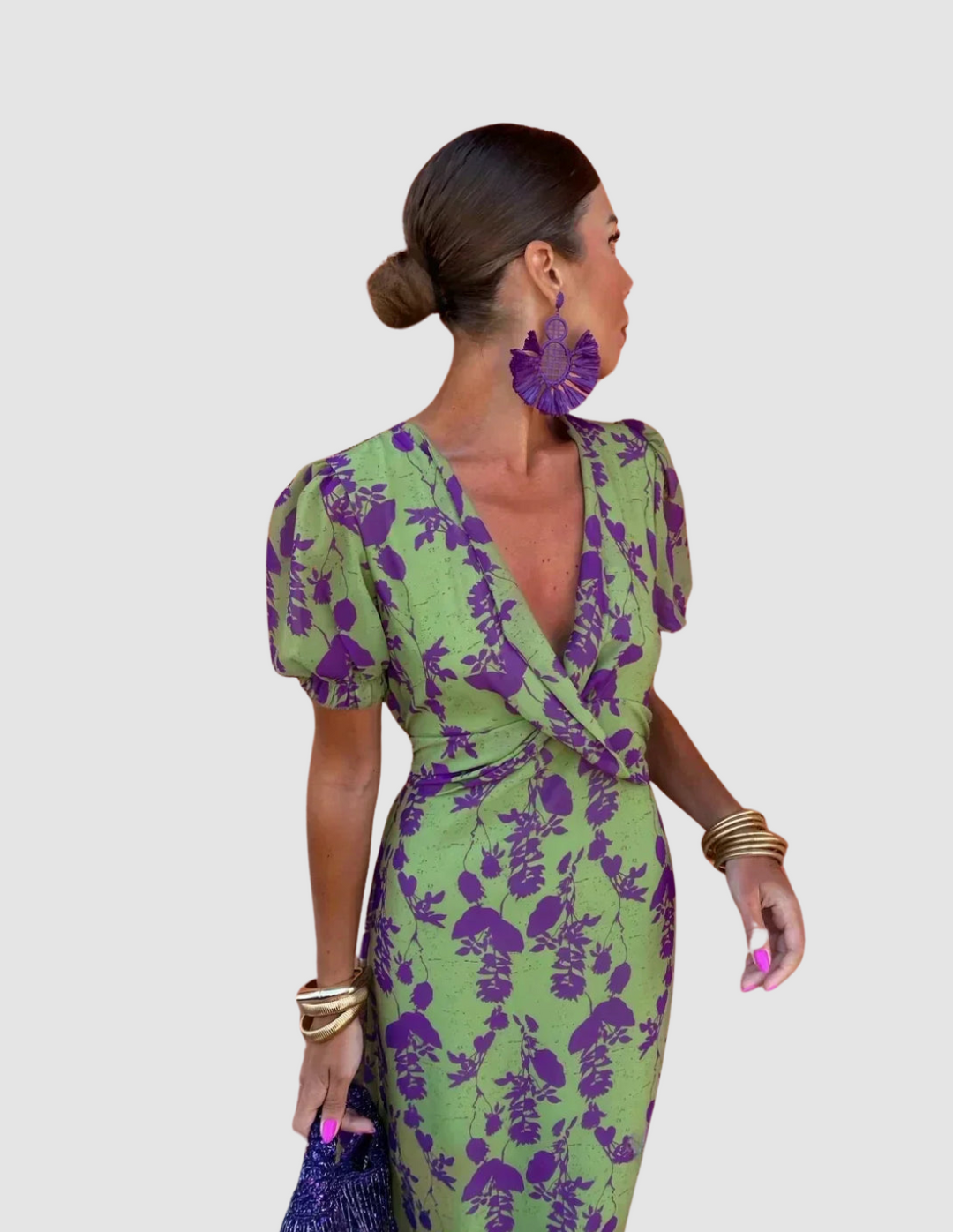 Green and purple floral wrap midi dress with V-neck, puff sleeves, short tie waist
