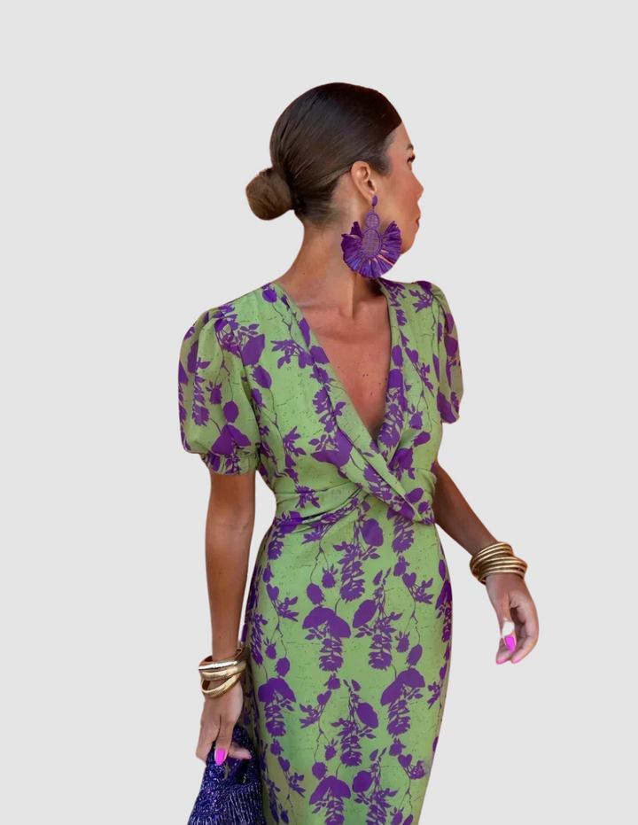 Green and purple floral wrap midi dress with V-neck, puff sleeves, short tie waist