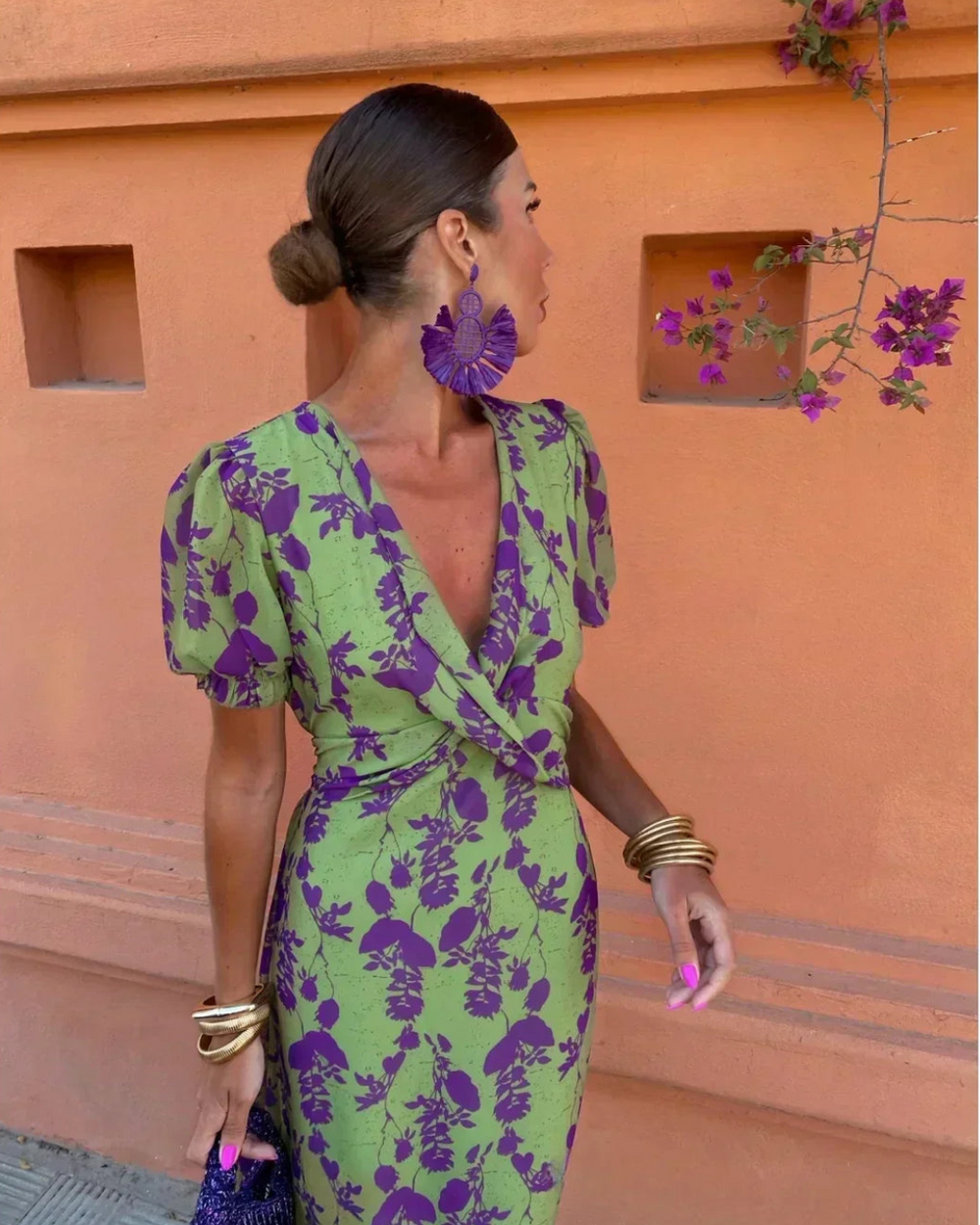 Green and purple floral wrap midi dress with V-neck, puff sleeves, fitted waist
