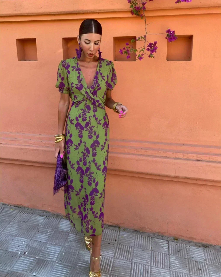 Green and purple floral wrap midi dress with V-neck, puff sleeves and gathered skirt