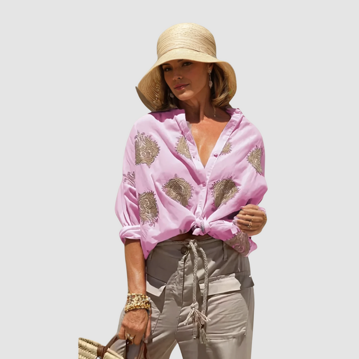 Pink breathable blouse with gold embroidered dots, V-neck and front knot detail