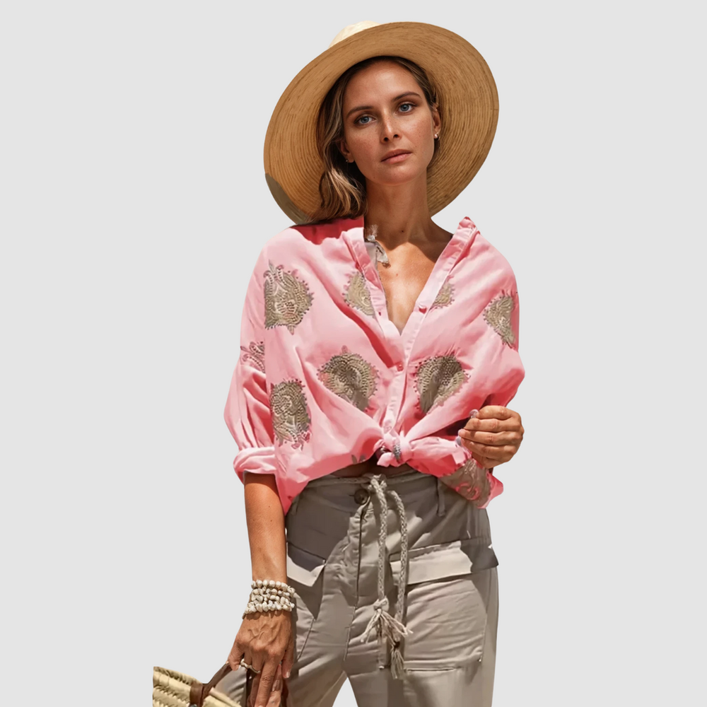 Pink breathable blouse with gold floral motifs, V-neck button front, long puff sleeves