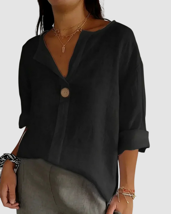 Black button-front V-neck blouse with short sleeves and relaxed fit
