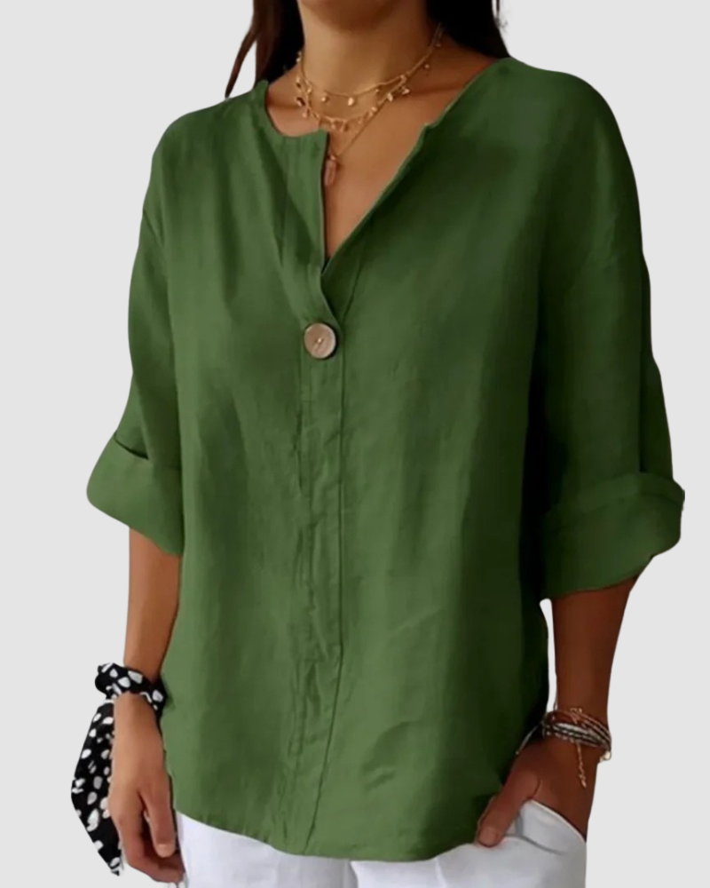 Green classic blouse with V-neck, button front, and short cuffed sleeves