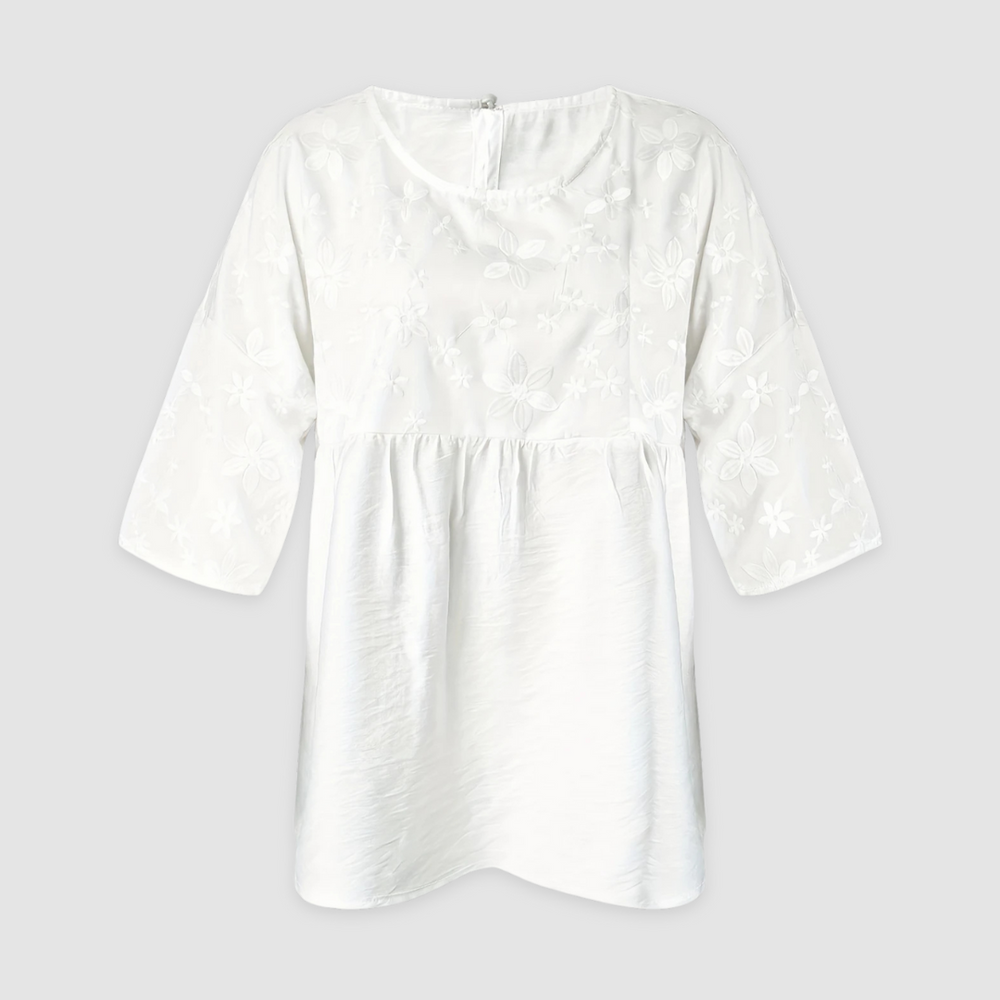 White tunic shirt with floral embroidery, crew neck, gathered midsection, 3/4 sleeves