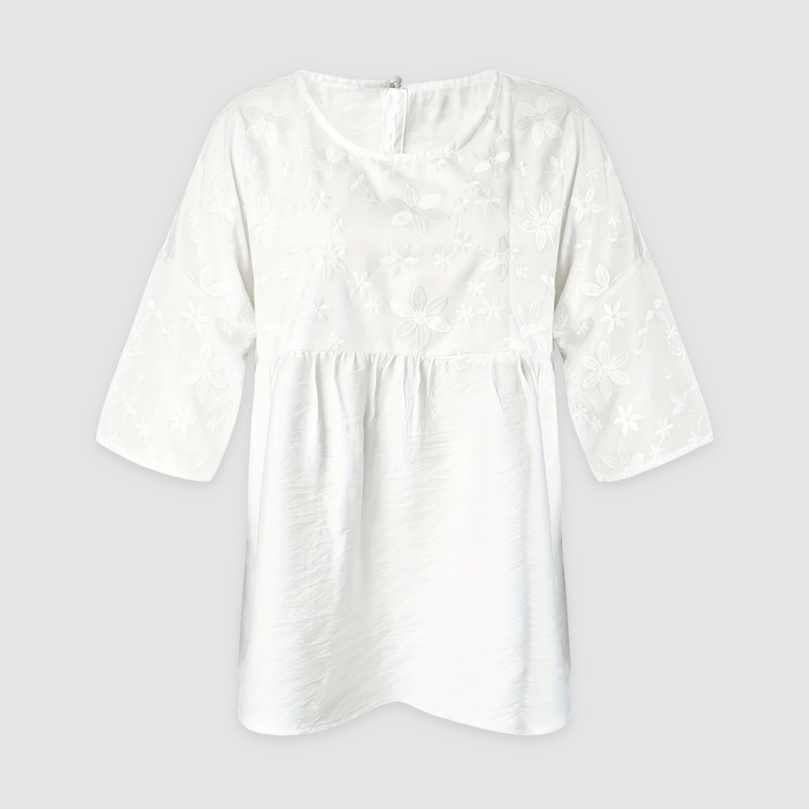 White tunic shirt with floral embroidery, crew neck, gathered midsection, 3/4 sleeves