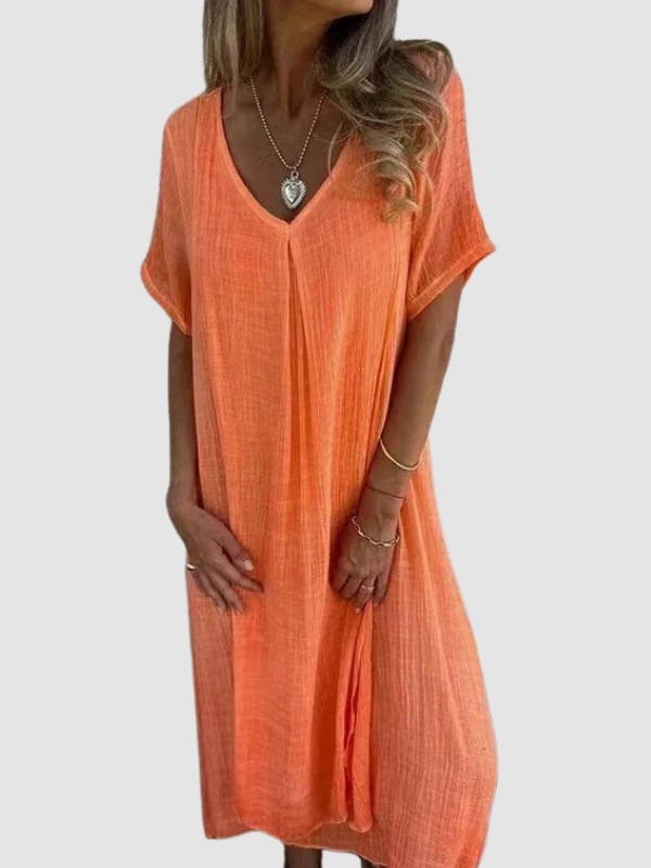 Orange breathable V-neck dress with short sleeves, relaxed fit, side slit