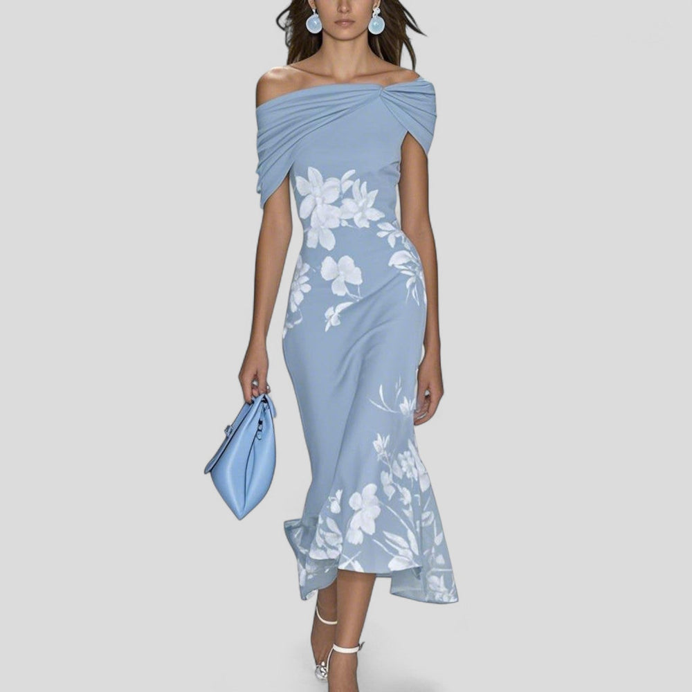 Blue off-shoulder midi dress with white floral print, draped gathered neckline
