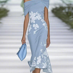 Blue off-shoulder midi dress with white floral print and side drape detail