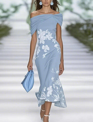 Blue off-shoulder midi dress with white floral print and side drape detail