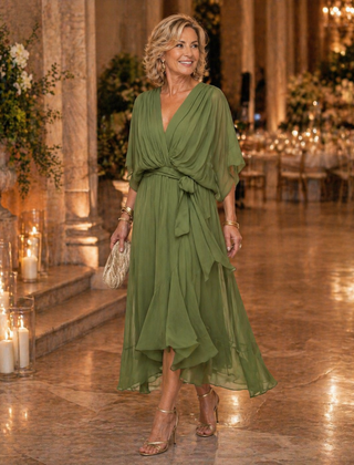 V-neck dress, olive green with tied waist and flutter sleeves