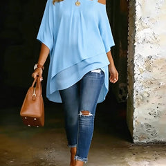 Light blue asymmetric cold-shoulder blouse with draped layered hem and short sleeves
