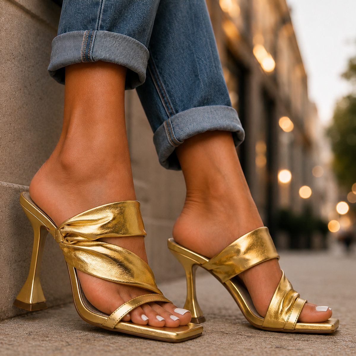 Champagne gold heeled mule sandals with open toe and wide crisscross strap