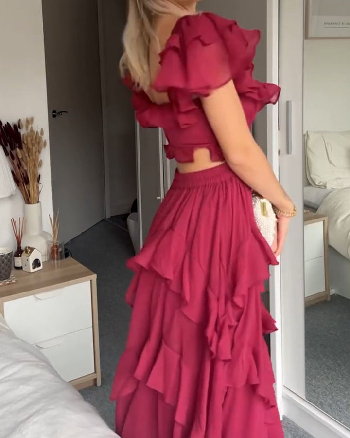 Magenta ruffle bodice with off-shoulder look and tiered midi skirt