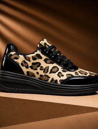 Leopard print platform sneaker, black lace-up, thick ridged sole