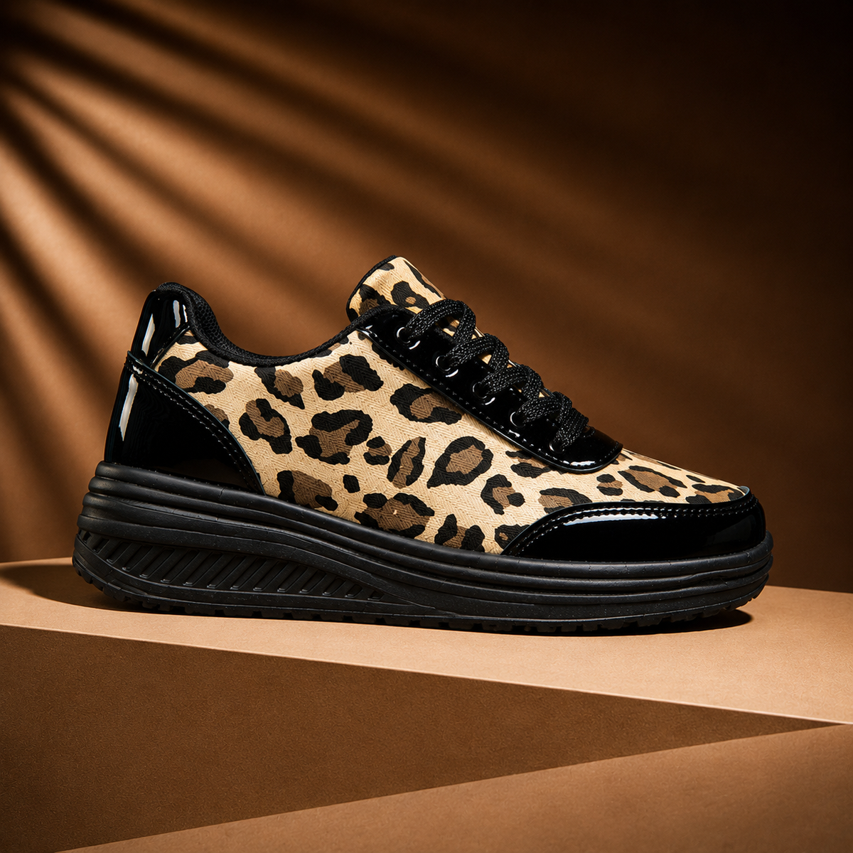 Leopard print platform sneaker, black lace-up, thick ridged sole