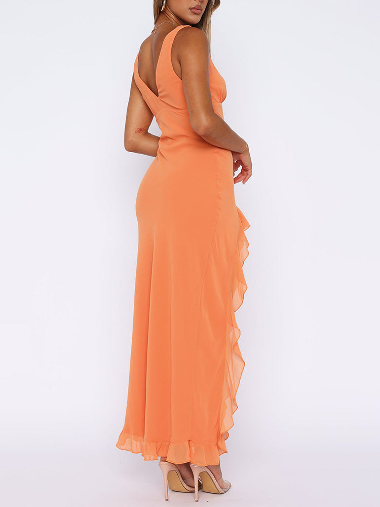 Verity coral V-back sleeveless maxi dress with ruffled side hem
