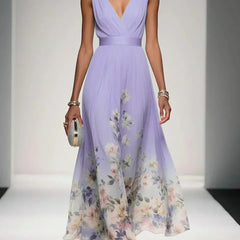 Lavender sleeveless V-neck floral dress with draped waist and airy full midi skirt