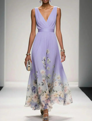 Lavender sleeveless V-neck floral dress with draped waist and airy full midi skirt