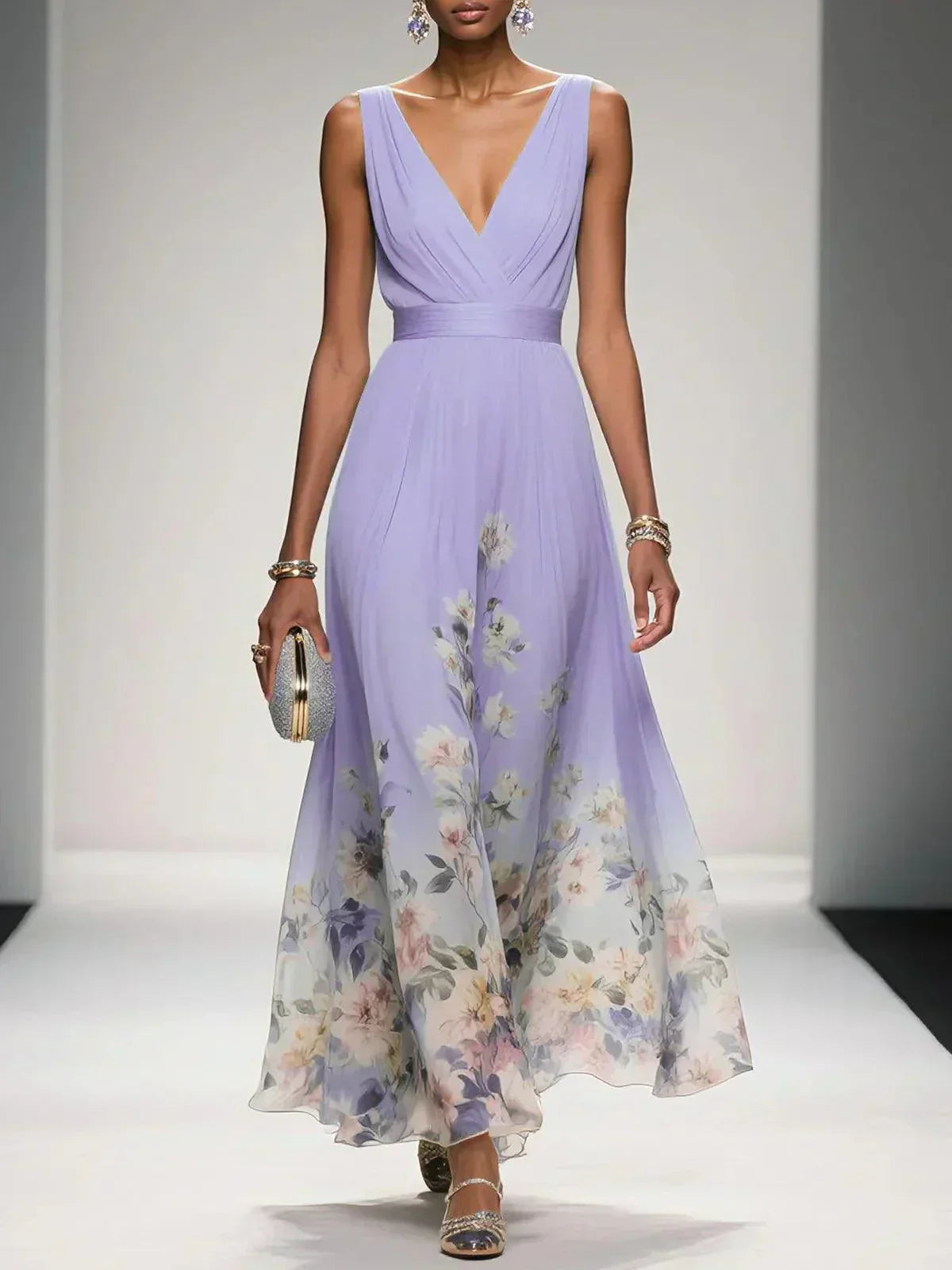 Lavender sleeveless V-neck floral dress with draped waist and airy full midi skirt