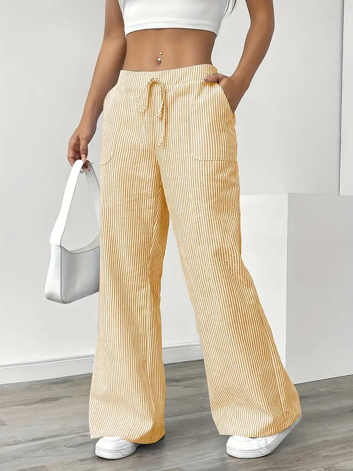 Elise™ yellow pinstripe wide-leg pants, elastic waist with drawstring, side pockets