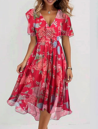 Red floral summer dress with V-neck, short sleeves, gathered waist, flowy midi skirt